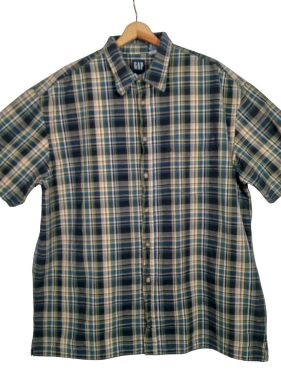 GAP Other - Vintage 1990s GAP Shirt Large Madras Plaid Green Blue Short Slv Grunge Preppy